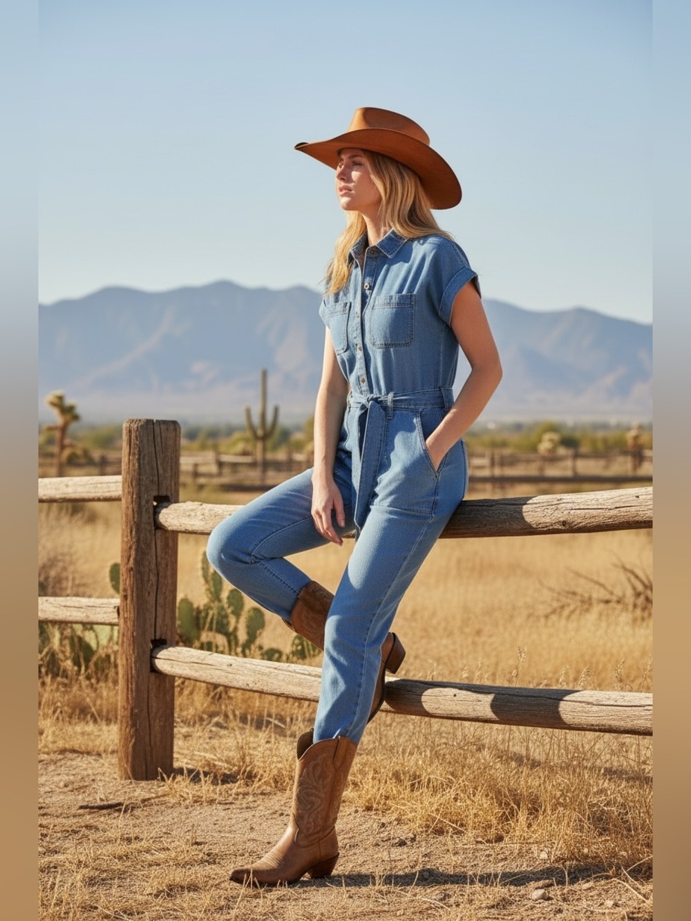 ON SALE!...Western Blue Tencel Denim Tie-Waist Jumpsuit | Cowgirl Rancho Style - Picture 2 of 5